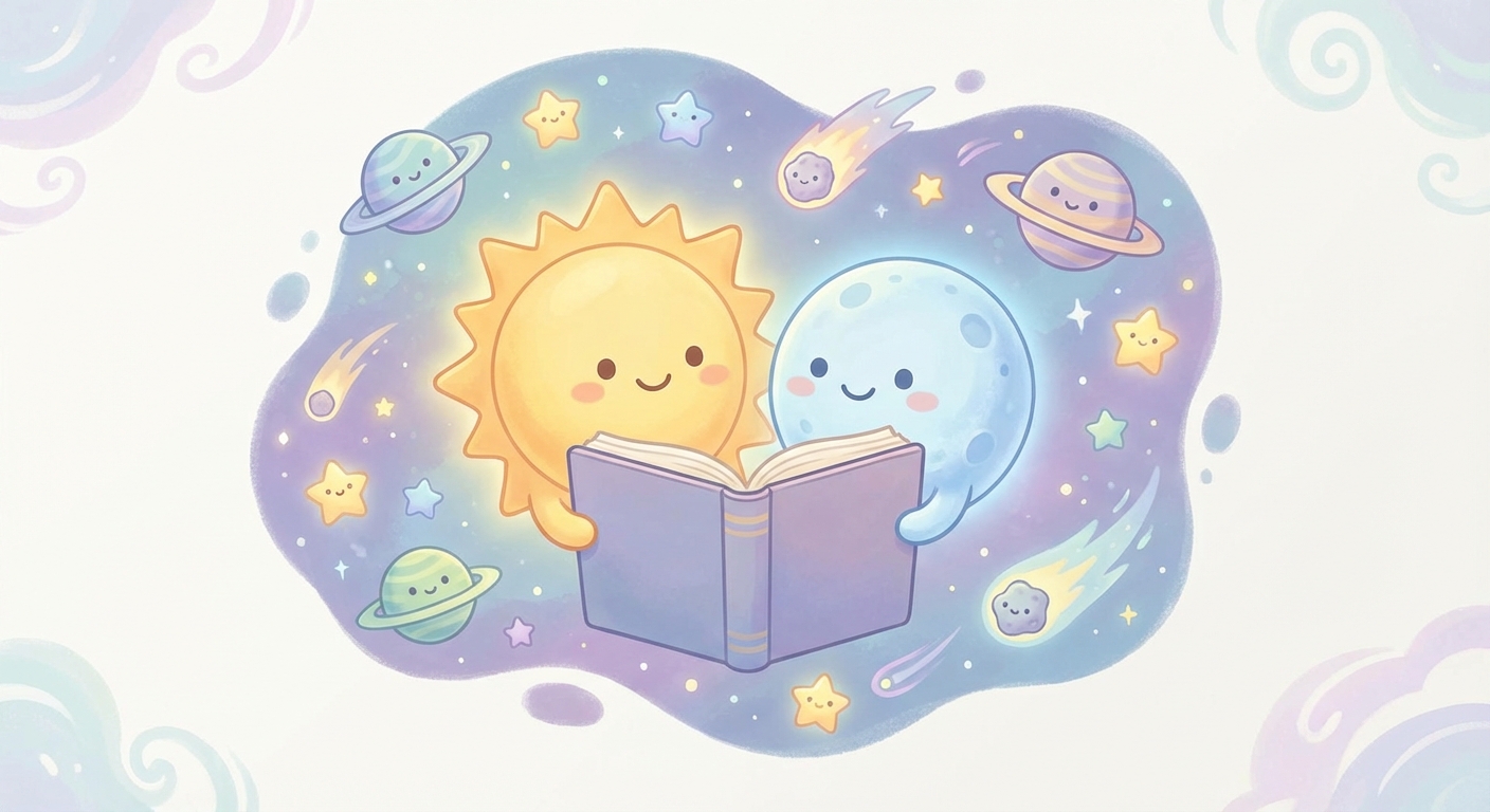 Sun and Moon learning scene, Sun and Moon space adventure, stars and planets inspiring wonder, gentle pastel illustration designed for ages 3-4, rounded shapes, caring expressions, text-free illustration with clean unmarked background, balanced composition, soft cinematic lighting, harmonious color palette, inviting and joyful mood