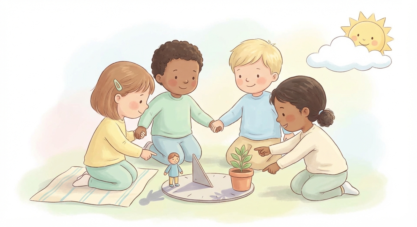 Sun and Shadows learning scene, Sun and Shadows experiment underway, curious kids collaborating, gentle pastel illustration designed for ages 3-4, rounded shapes, caring expressions, text-free illustration with clean unmarked background, balanced composition, soft cinematic lighting, harmonious color palette, inviting and joyful mood