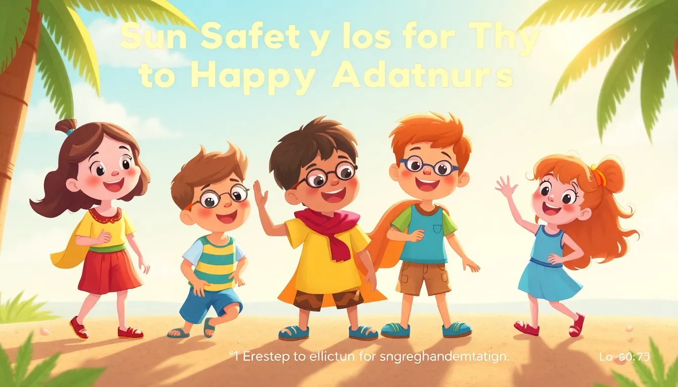 Sun Safety Rules for Happy Adventures learning scene, Sun Safety Rules for Happy Adventures safety tip demonstrated kindly and clearly, vivid storybook illustration for ages 5-7, lively characters, playful motion, text-free illustration with clean unmarked background, balanced composition, soft cinematic lighting, harmonious color palette, inviting and joyful mood