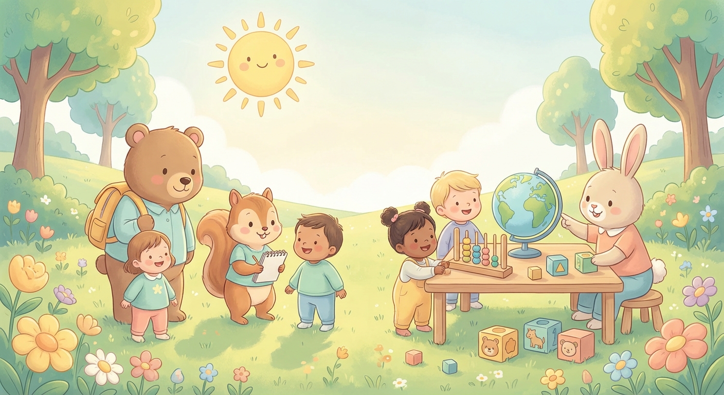 Sunny Sunshine Adventure learning scene, Sunny Sunshine Adventure scene in vibrant nature, lush and lively surroundings, gentle pastel illustration designed for ages 3-4, rounded shapes, caring expressions, text-free illustration with clean unmarked background, balanced composition, soft cinematic lighting, harmonious color palette, inviting and joyful mood