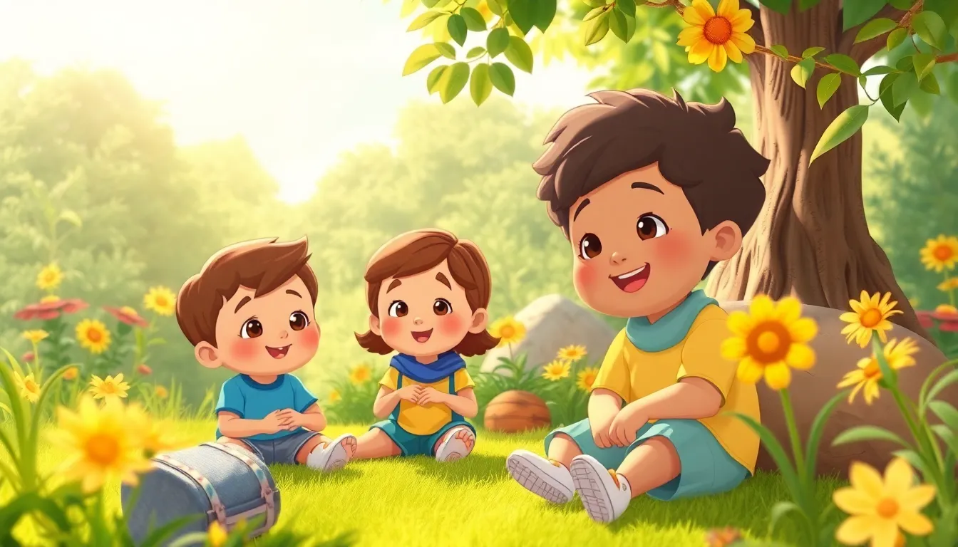 Sunny Sunshine Adventure learning scene, Sunny Sunshine Adventure scene in vibrant nature, lush and lively surroundings, gentle pastel illustration designed for ages 3-4, rounded shapes, caring expressions, text-free illustration with clean unmarked background, balanced composition, soft cinematic lighting, harmonious color palette, inviting and joyful mood