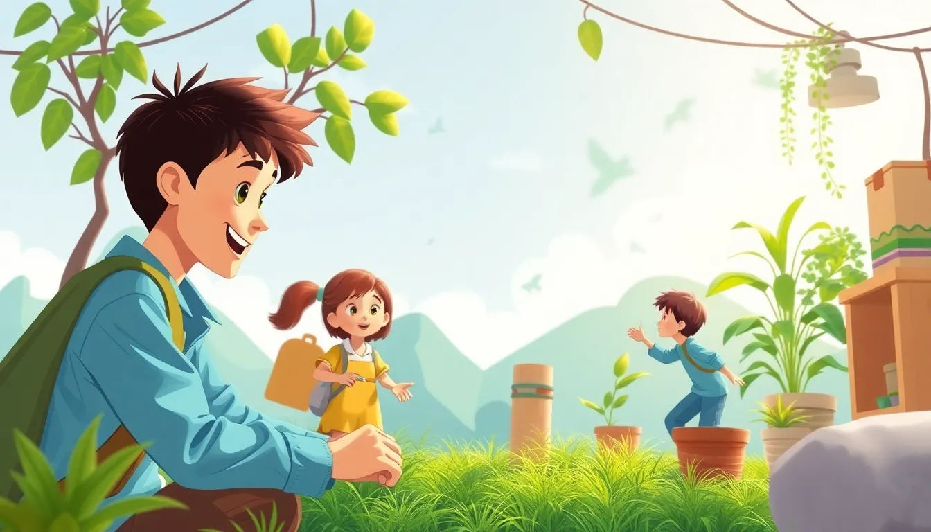 Sustainable Design Building a Greener Future learning scene, Sustainable Design Building a Greener Future learning scene filled with curiosity and joy, dynamic adventure illustration for ages 8-10, engaging detail, upbeat energy, text-free illustration with clean unmarked background, balanced composition, soft cinematic lighting, harmonious color palette, inviting and joyful mood