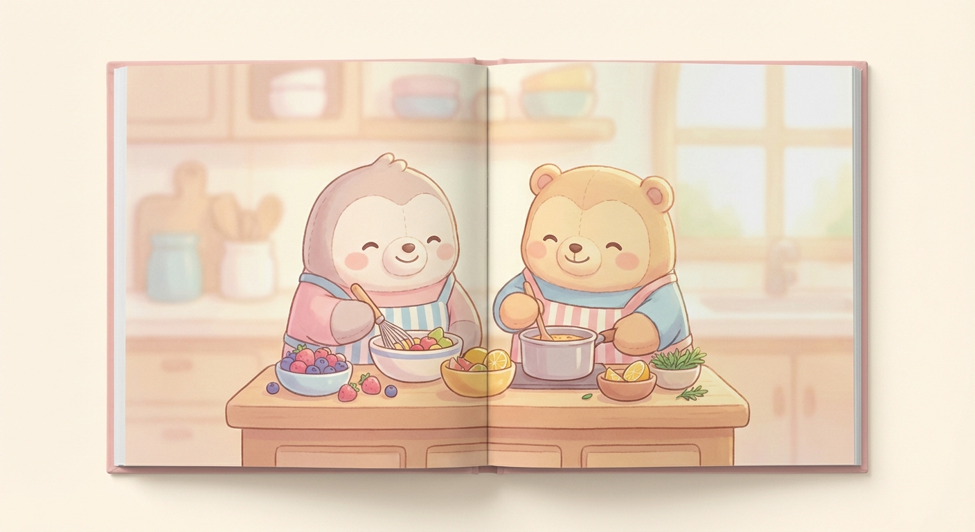 Sweet and Sour Tasty Adventures learning scene, Sweet and Sour Tasty Adventures kitchen scene, delicious ingredients being prepared, gentle pastel illustration designed for ages 3-4, rounded shapes, caring expressions, text-free illustration with clean unmarked background, balanced composition, soft cinematic lighting, harmonious color palette, inviting and joyful mood
