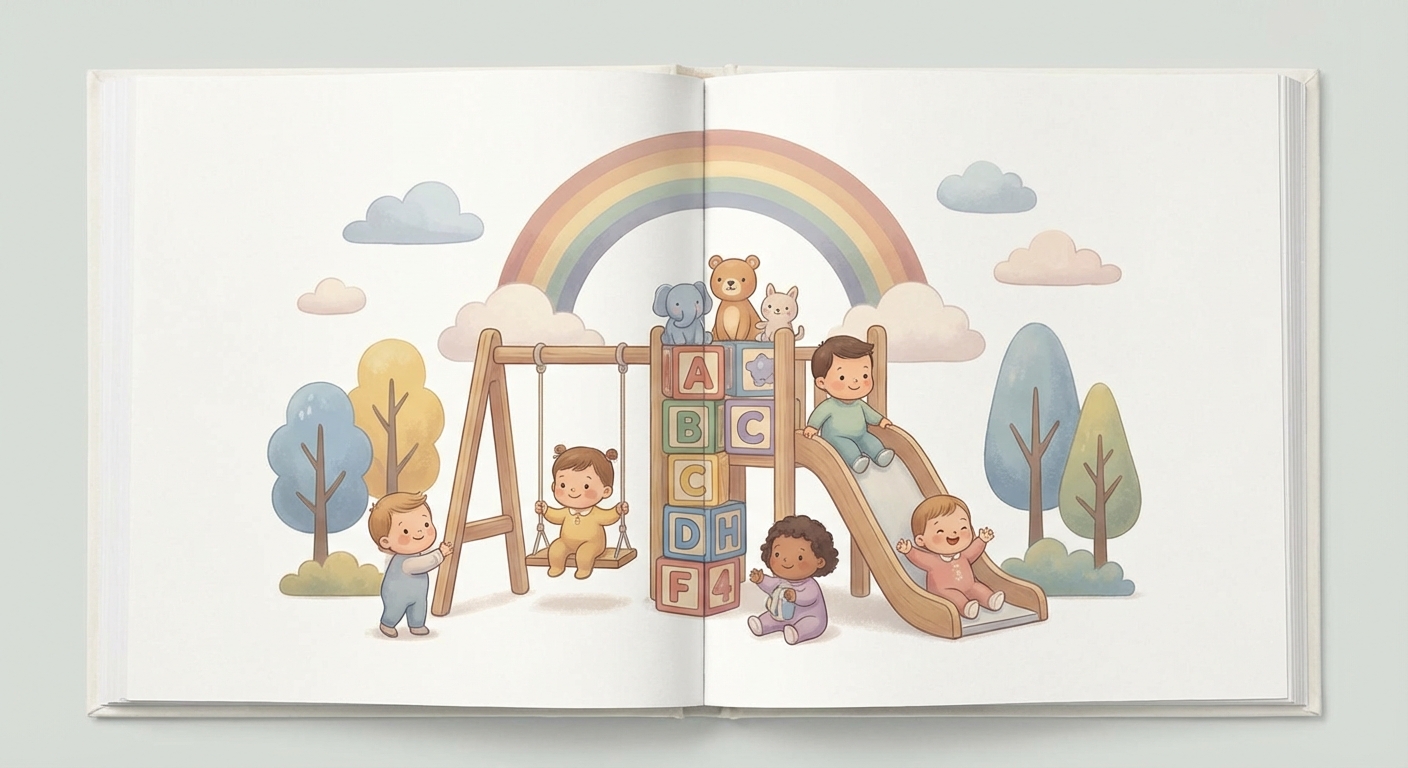 Swing Slide Adventure learning scene, Swing Slide Adventure learning scene filled with curiosity and joy, gentle pastel illustration designed for ages 3-4, rounded shapes, caring expressions, text-free illustration with clean unmarked background, balanced composition, soft cinematic lighting, harmonious color palette, inviting and joyful mood