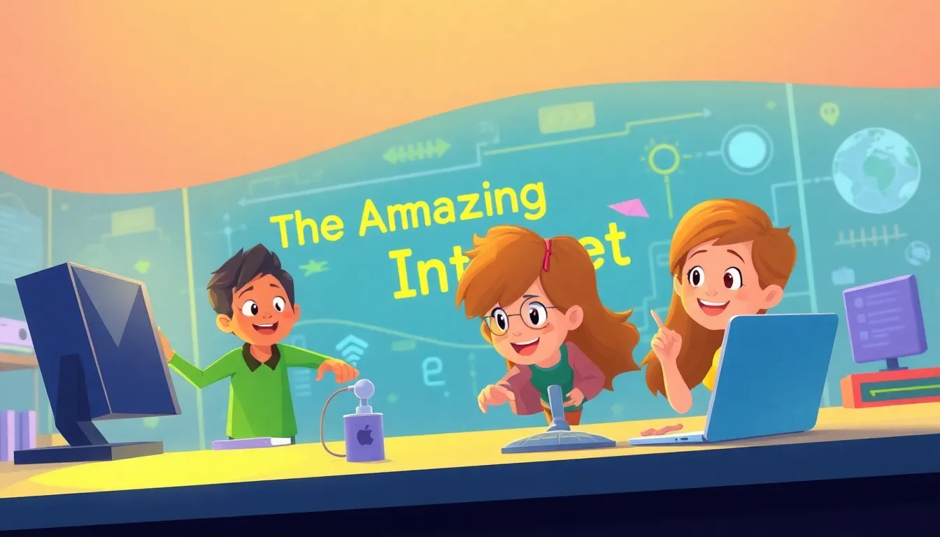 the Amazing Internet learning scene, the Amazing Internet tech exploration, bright screens and curiosity, vivid storybook illustration for ages 5-7, lively characters, playful motion, text-free illustration with clean unmarked background, balanced composition, soft cinematic lighting, harmonious color palette, inviting and joyful mood