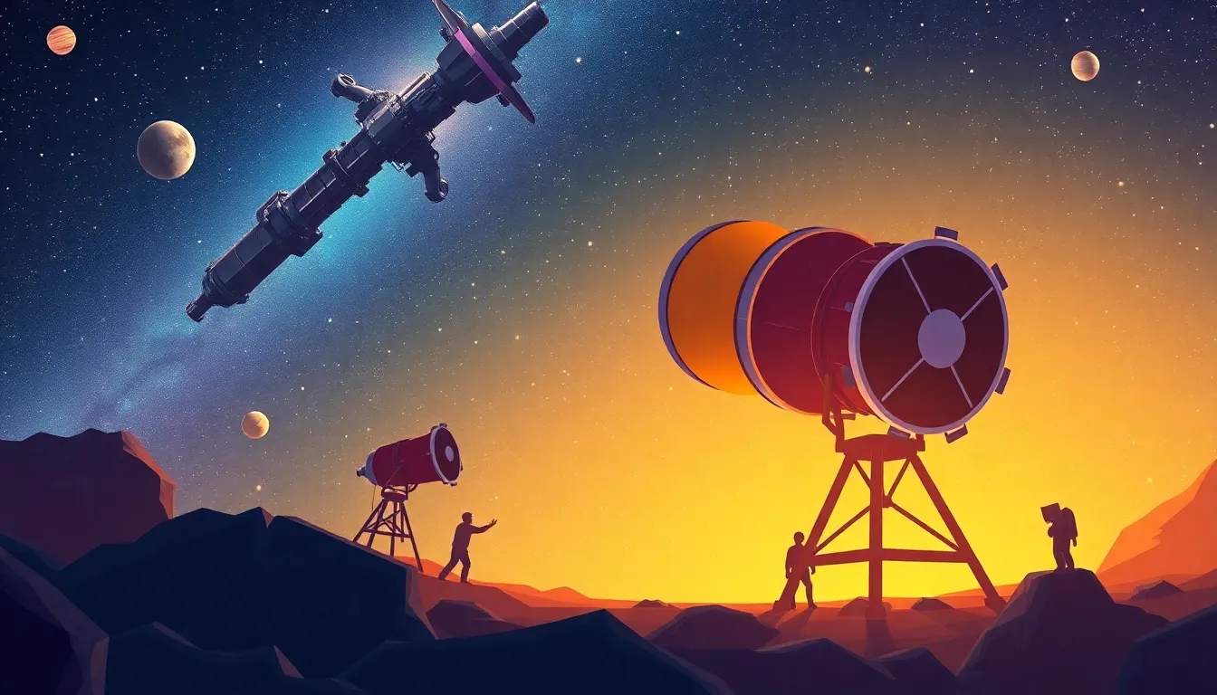the Amazing James Webb Space Telescope learning scene, the Amazing James Webb Space Telescope space adventure, stars and planets inspiring wonder, dynamic adventure illustration for ages 8-10, engaging detail, upbeat energy, text-free illustration with clean unmarked background, balanced composition, soft cinematic lighting, harmonious color palette, inviting and joyful mood