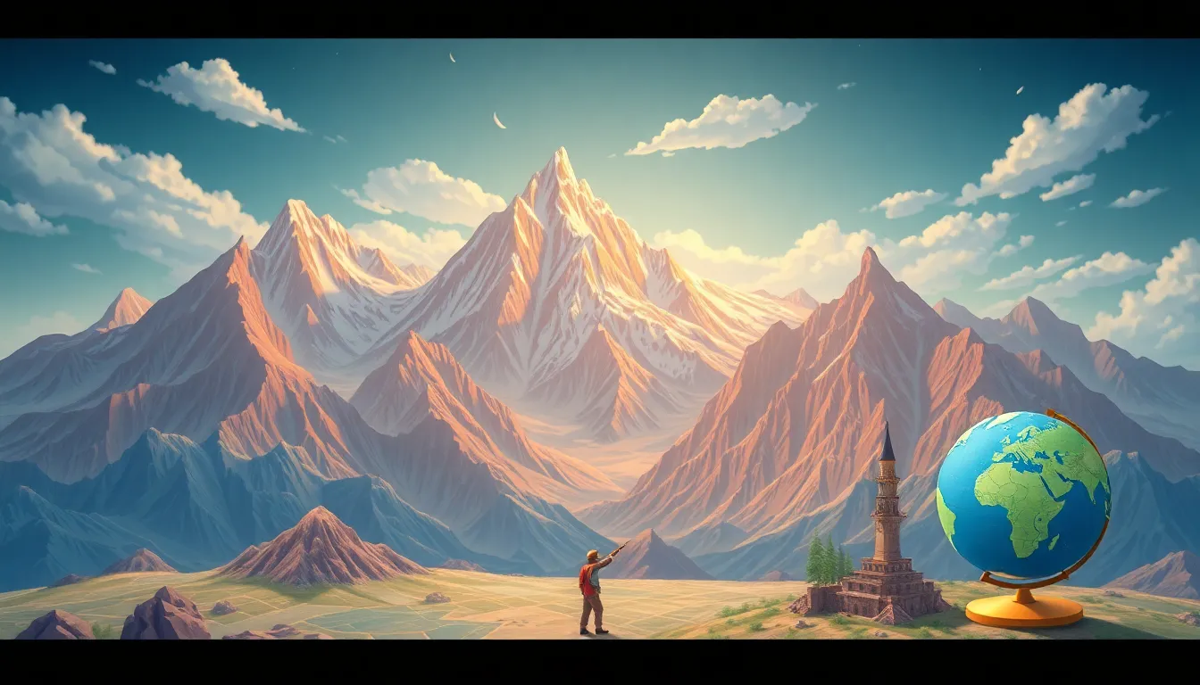 the Amazing World of Mountain Ranges learning scene, the Amazing World of Mountain Ranges world discovery, maps and globes inviting travel, dynamic adventure illustration for ages 8-10, engaging detail, upbeat energy, text-free illustration with clean unmarked background, balanced composition, soft cinematic lighting, harmonious color palette, inviting and joyful mood