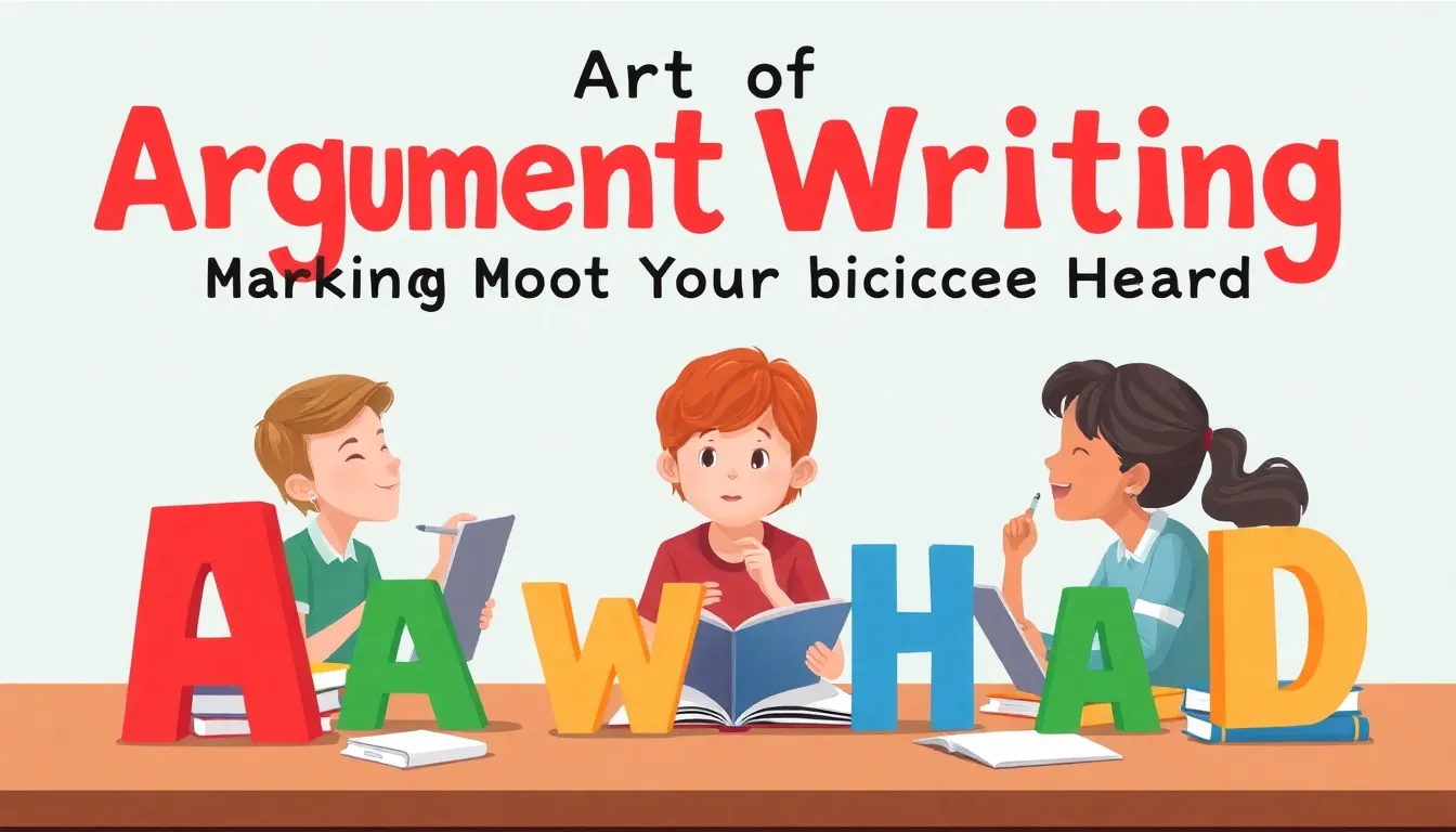 the Art of Argument Writing Making Your Voice Heard learning scene, the Art of Argument Writing Making Your Voice Heard language arts activity, playful letters and words, stylized tween-friendly illustration for ages 11-13, aspirational and modern, text-free illustration with clean unmarked background, balanced composition, soft cinematic lighting, harmonious color palette, inviting and joyful mood