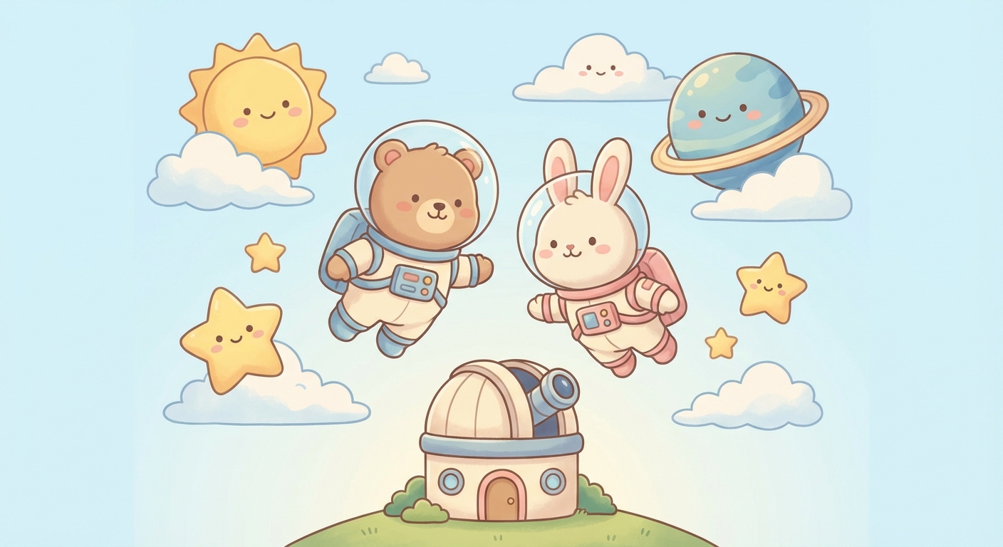 The Day Sky learning scene, The Day Sky space adventure, stars and planets inspiring wonder, gentle pastel illustration designed for ages 3-4, rounded shapes, caring expressions, text-free illustration with clean unmarked background, balanced composition, soft cinematic lighting, harmonious color palette, inviting and joyful mood