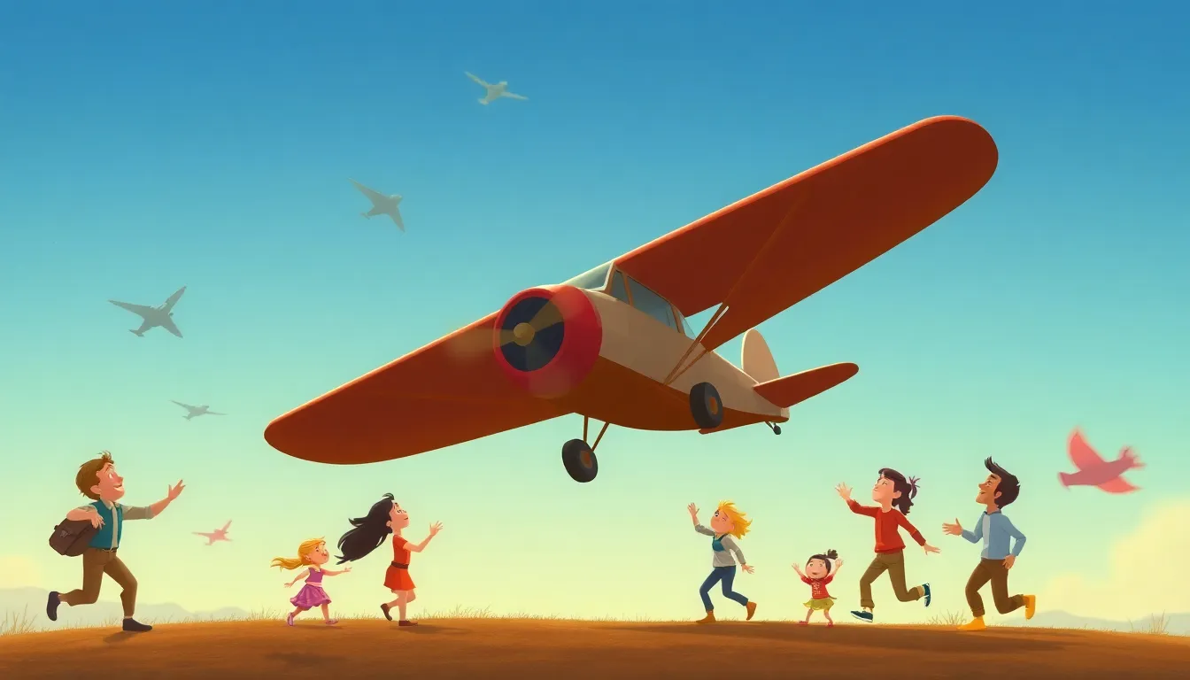 the First Airplanes How People Learned to Fly learning scene, the First Airplanes How People Learned to Fly historical moment reimagined with enthusiasm, vivid storybook illustration for ages 5-7, lively characters, playful motion, text-free illustration with clean unmarked background, balanced composition, soft cinematic lighting, harmonious color palette, inviting and joyful mood