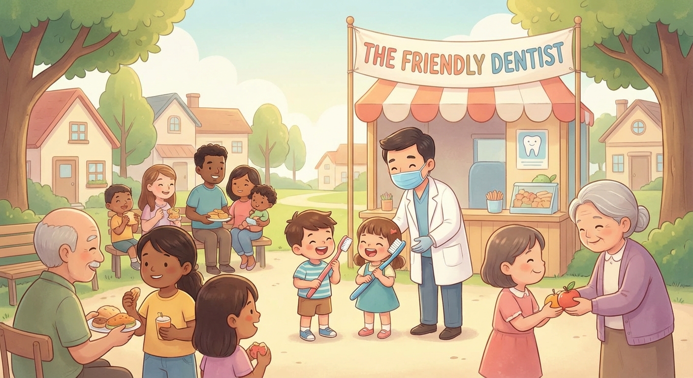 the Friendly Dentist in Our Neighborhood learning scene, the Friendly Dentist in Our Neighborhood community scene, neighbors helping each other, gentle pastel illustration designed for ages 3-4, rounded shapes, caring expressions, text-free illustration with clean unmarked background, balanced composition, soft cinematic lighting, harmonious color palette, inviting and joyful mood