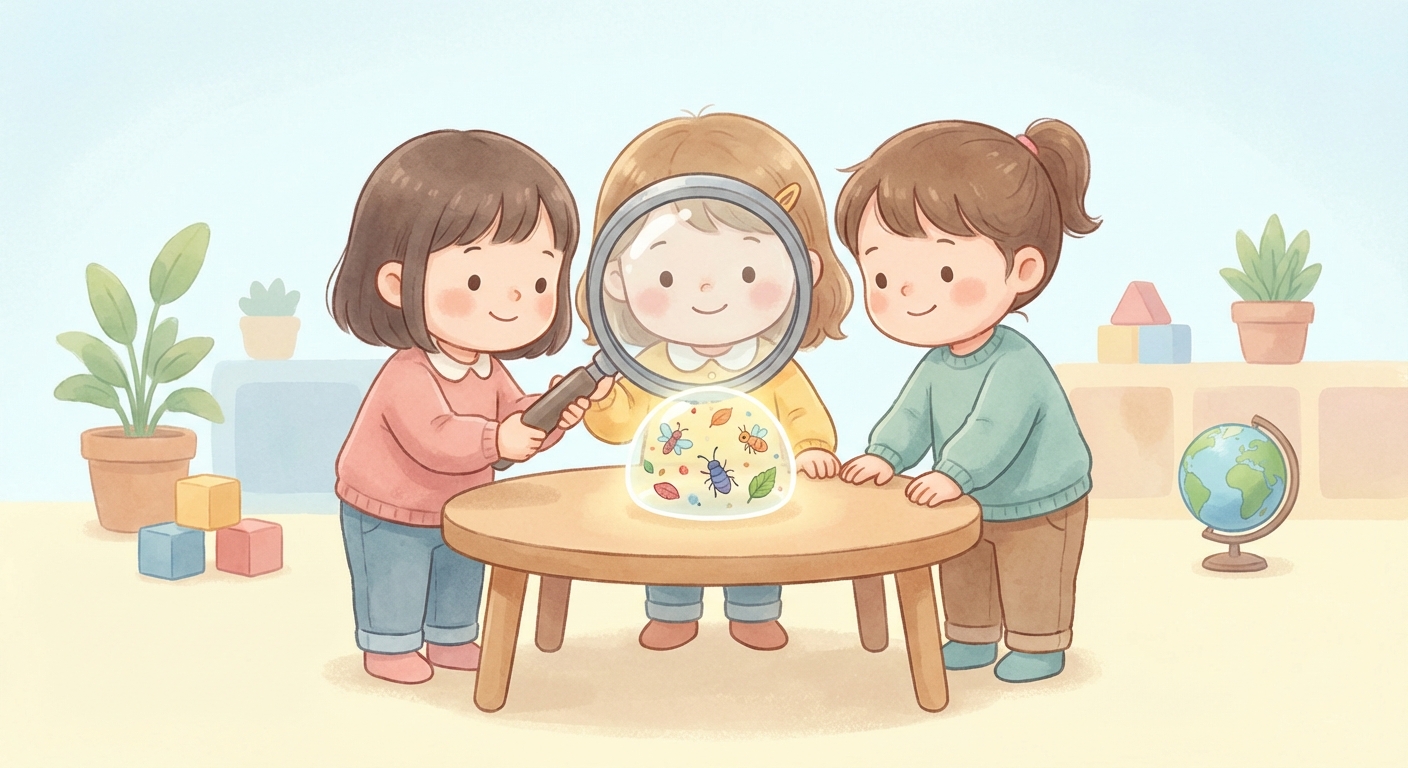 The Magic Magnifying Glass learning scene, The Magic Magnifying Glass experiment underway, curious kids collaborating, gentle pastel illustration designed for ages 3-4, rounded shapes, caring expressions, text-free illustration with clean unmarked background, balanced composition, soft cinematic lighting, harmonious color palette, inviting and joyful mood