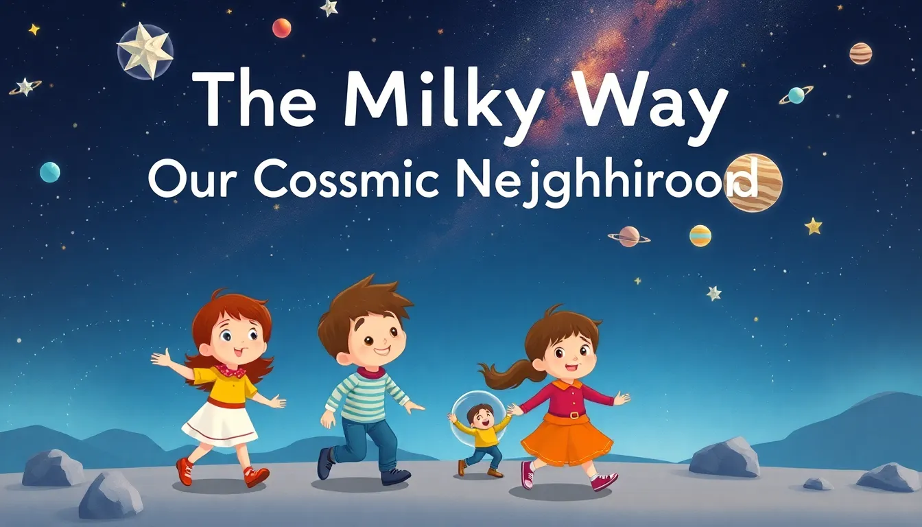 the Milky Way Our Cosmic Neighborhood learning scene, the Milky Way Our Cosmic Neighborhood space adventure, stars and planets inspiring wonder, vivid storybook illustration for ages 5-7, lively characters, playful motion, text-free illustration with clean unmarked background, balanced composition, soft cinematic lighting, harmonious color palette, inviting and joyful mood