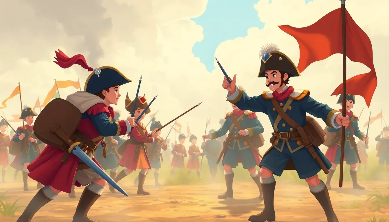 the Napoleonic Wars A Kid friendly Adventure in History learning scene, the Napoleonic Wars A Kid friendly Adventure in History historical moment reimagined with enthusiasm, dynamic adventure illustration for ages 8-10, engaging detail, upbeat energy, text-free illustration with clean unmarked background, balanced composition, soft cinematic lighting, harmonious color palette, inviting and joyful mood