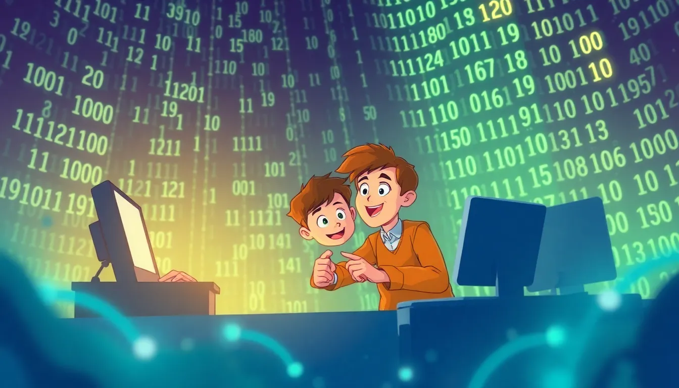 the Secret Language of Computers Binary Numbers learning scene, the Secret Language of Computers Binary Numbers learning scene filled with curiosity and joy, dynamic adventure illustration for ages 8-10, engaging detail, upbeat energy, text-free illustration with clean unmarked background, balanced composition, soft cinematic lighting, harmonious color palette, inviting and joyful mood