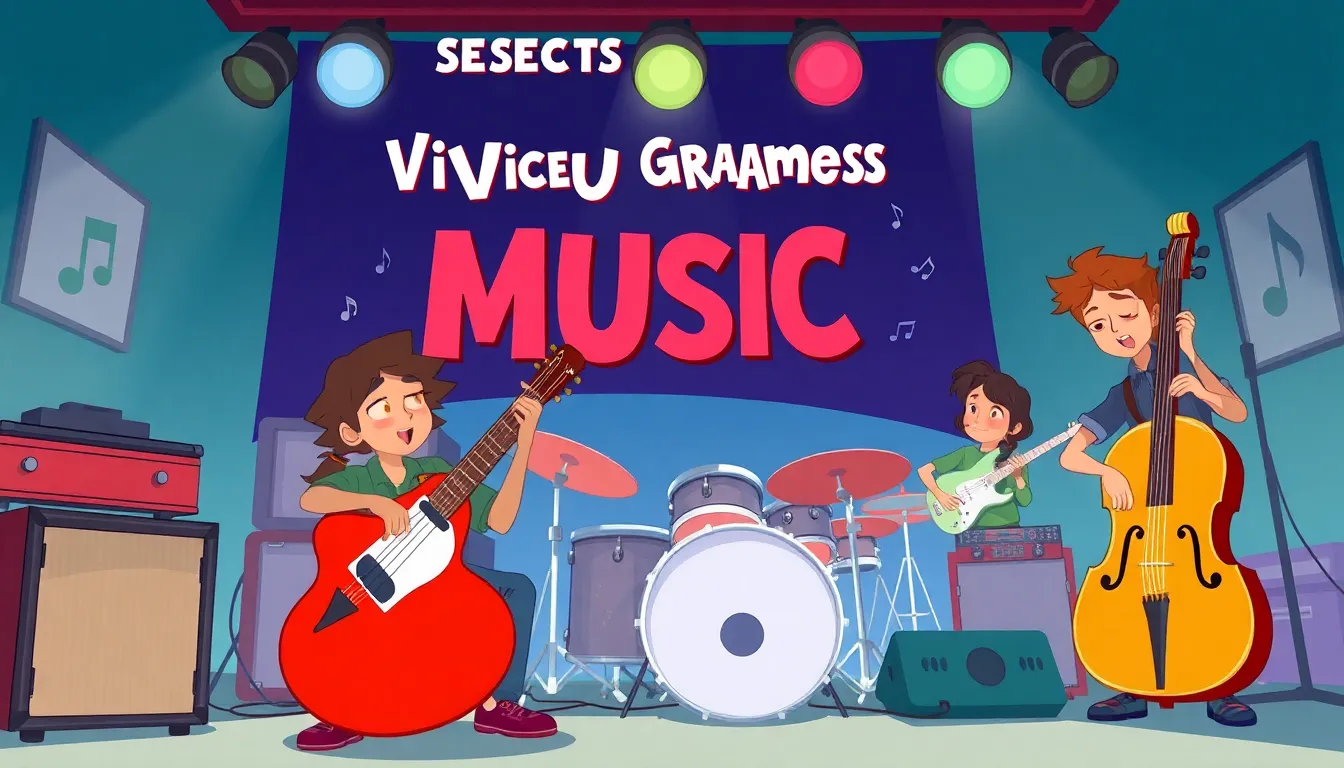 the Secret Power of Video Game Music learning scene, the Secret Power of Video Game Music music jam session, cheerful instruments and rhythm, dynamic adventure illustration for ages 8-10, engaging detail, upbeat energy, text-free illustration with clean unmarked background, balanced composition, soft cinematic lighting, harmonious color palette, inviting and joyful mood