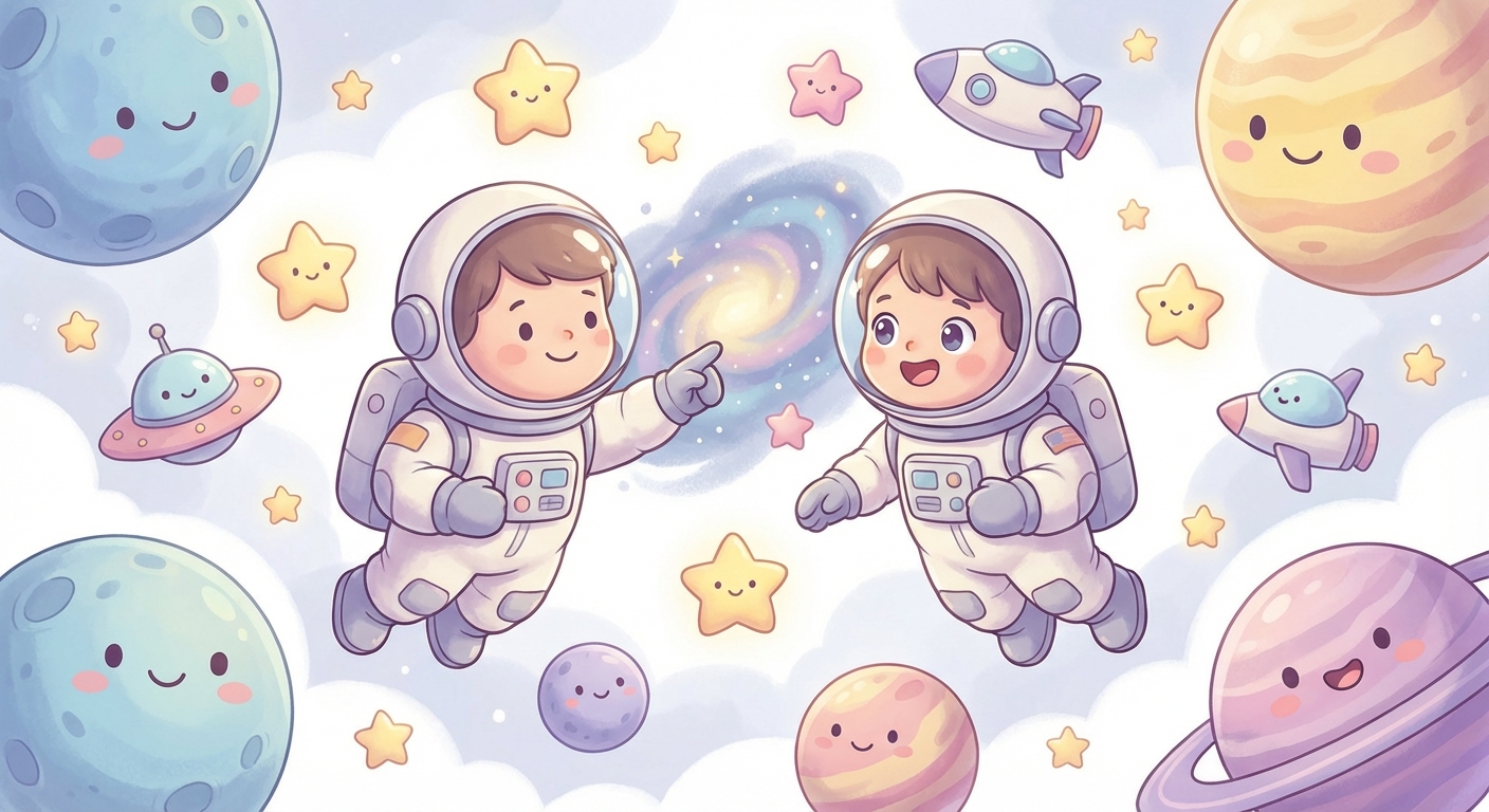 the Wonderful Sky learning scene, the Wonderful Sky space adventure, stars and planets inspiring wonder, gentle pastel illustration designed for ages 3-4, rounded shapes, caring expressions, text-free illustration with clean unmarked background, balanced composition, soft cinematic lighting, harmonious color palette, inviting and joyful mood