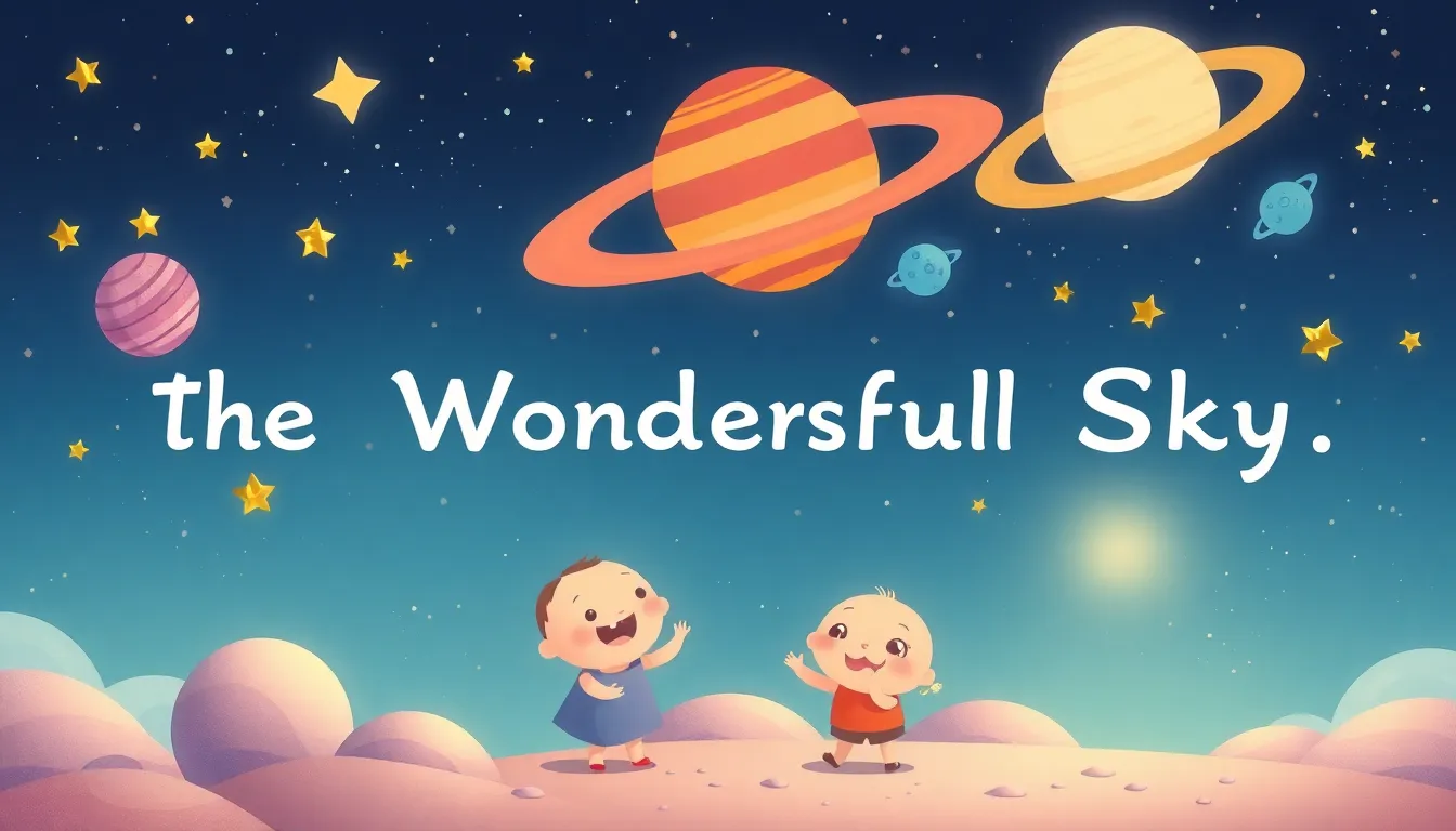 the Wonderful Sky learning scene, the Wonderful Sky space adventure, stars and planets inspiring wonder, gentle pastel illustration designed for ages 3-4, rounded shapes, caring expressions, text-free illustration with clean unmarked background, balanced composition, soft cinematic lighting, harmonious color palette, inviting and joyful mood