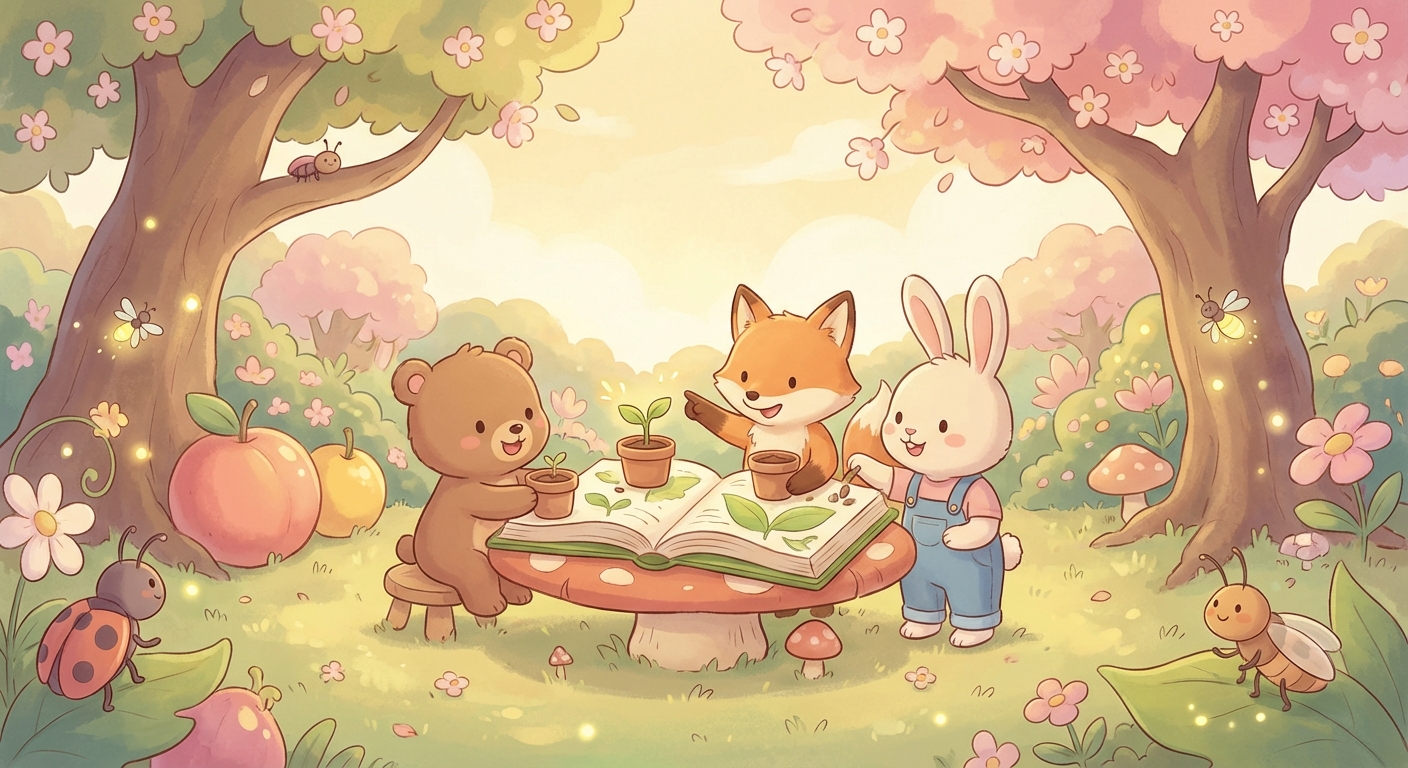 Tiny Seeds Big Adventures learning scene, Tiny Seeds Big Adventures scene in vibrant nature, lush and lively surroundings, gentle pastel illustration designed for ages 3-4, rounded shapes, caring expressions, text-free illustration with clean unmarked background, balanced composition, soft cinematic lighting, harmonious color palette, inviting and joyful mood