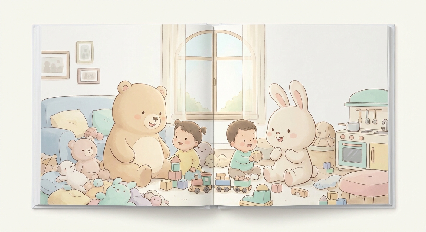 Toys and Games at Home learning scene, Toys and Games at Home learning scene filled with curiosity and joy, gentle pastel illustration designed for ages 3-4, rounded shapes, caring expressions, text-free illustration with clean unmarked background, balanced composition, soft cinematic lighting, harmonious color palette, inviting and joyful mood