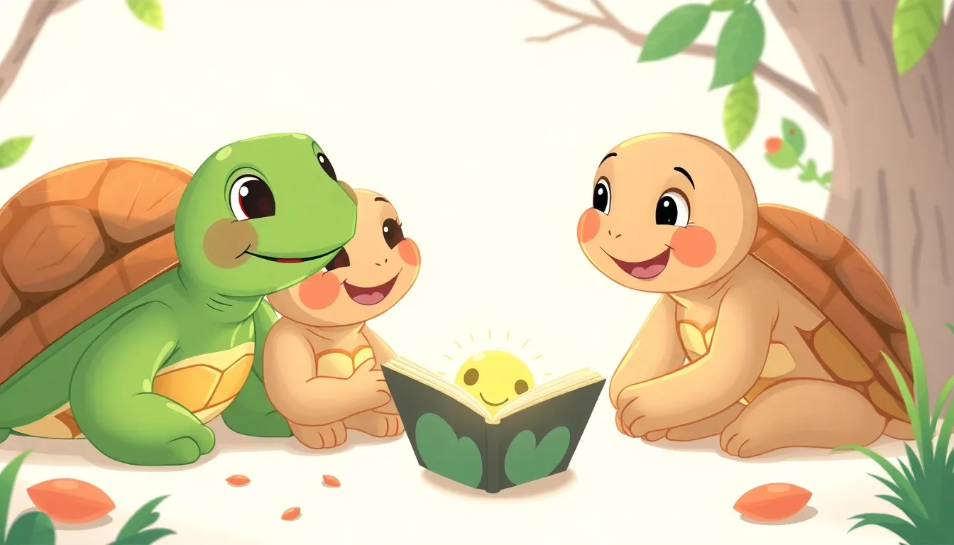Turtle Tales learning scene, Turtle Tales animals discovering together, joyful storybook moment, gentle pastel illustration designed for ages 3-4, rounded shapes, caring expressions, text-free illustration with clean unmarked background, balanced composition, soft cinematic lighting, harmonious color palette, inviting and joyful mood