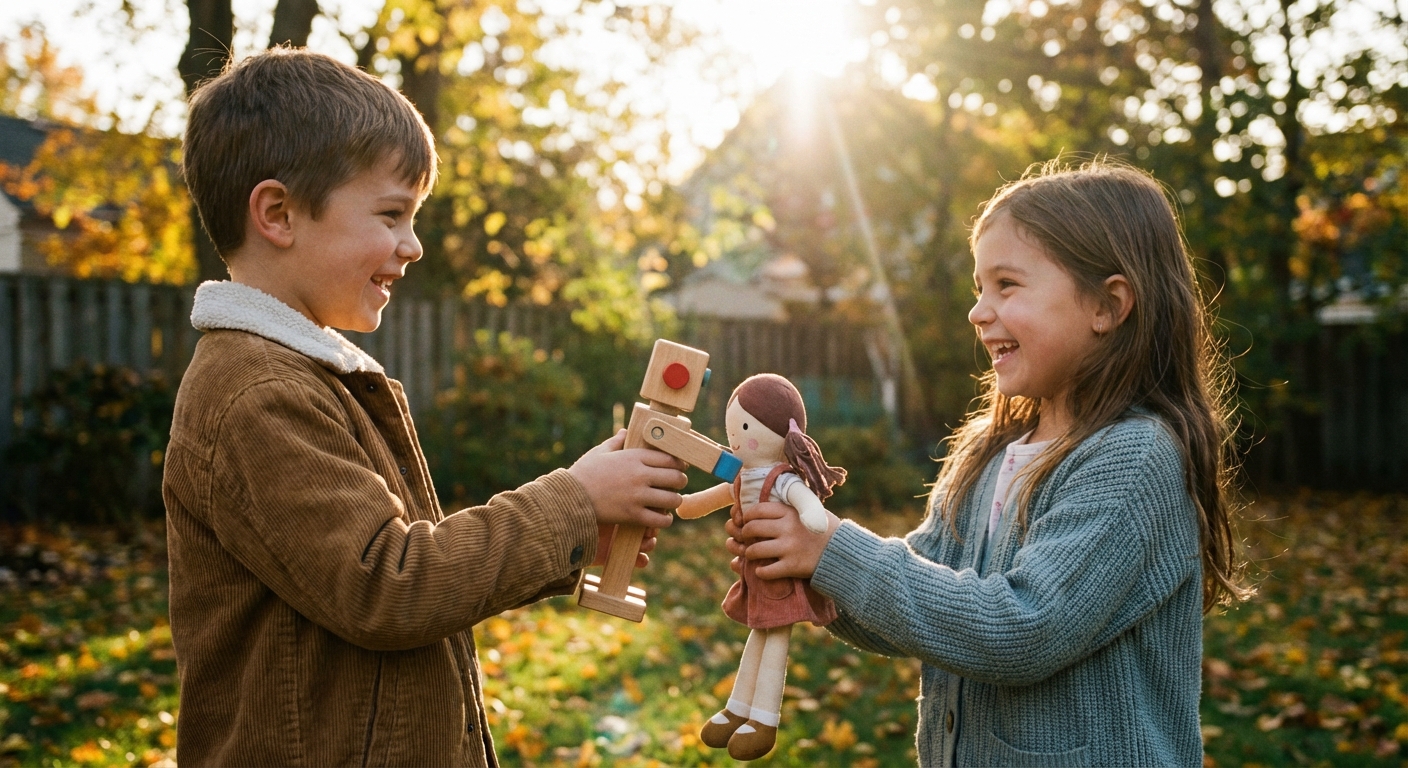 two children swapping toys happily