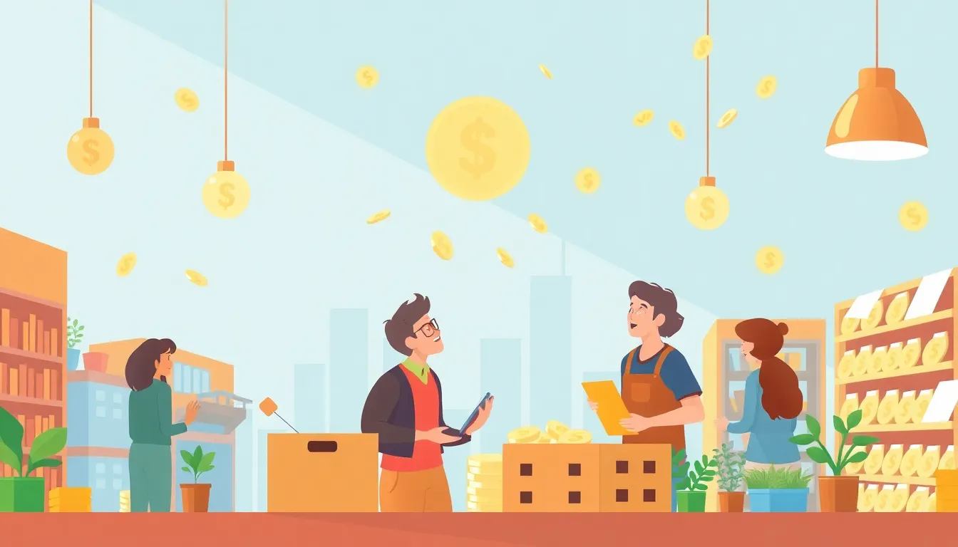 Understanding Market Systems How Goods Services and Money Interact learning scene, Understanding Market Systems How Goods Services and Money Interact learning scene filled with curiosity and joy, clean infographic-inspired illustration for ages 14-16, contemporary and polished, text-free illustration with clean unmarked background, balanced composition, soft cinematic lighting, harmonious color palette, inviting and joyful mood