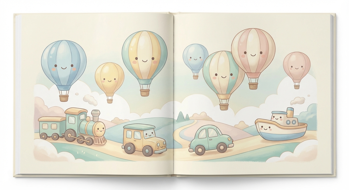 Up Up Hot Air Balloon learning scene, Up Up Hot Air Balloon journey, cheerful vehicles moving smoothly, gentle pastel illustration designed for ages 3-4, rounded shapes, caring expressions, text-free illustration with clean unmarked background, balanced composition, soft cinematic lighting, harmonious color palette, inviting and joyful mood