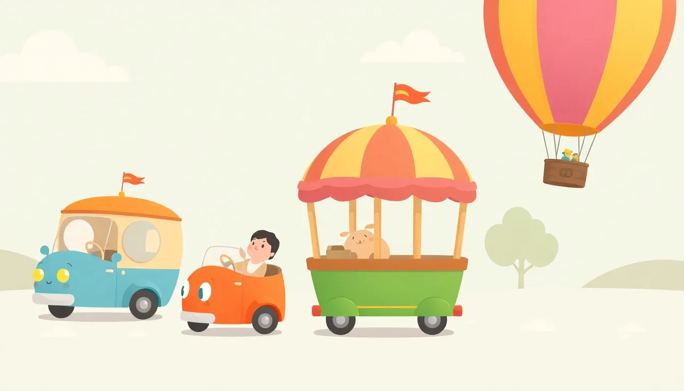 Up Up Hot Air Balloon learning scene, Up Up Hot Air Balloon journey, cheerful vehicles moving smoothly, gentle pastel illustration designed for ages 3-4, rounded shapes, caring expressions, text-free illustration with clean unmarked background, balanced composition, soft cinematic lighting, harmonious color palette, inviting and joyful mood