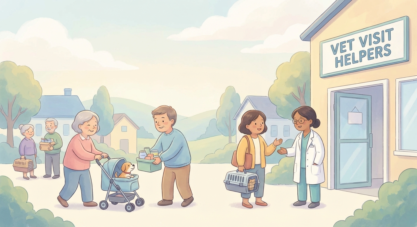 Vet Visits Helpers for Happy Pets learning scene, Vet Visits Helpers for Happy Pets community scene, neighbors helping each other, gentle pastel illustration designed for ages 3-4, rounded shapes, caring expressions, text-free illustration with clean unmarked background, balanced composition, soft cinematic lighting, harmonious color palette, inviting and joyful mood