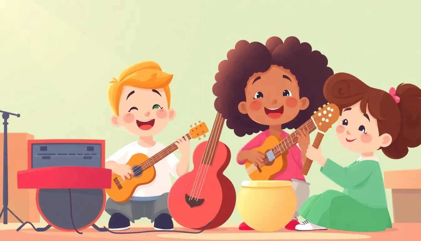 Voice Games Fun learning scene, Voice Games Fun music jam session, cheerful instruments and rhythm, gentle pastel illustration designed for ages 3-4, rounded shapes, caring expressions, text-free illustration with clean unmarked background, balanced composition, soft cinematic lighting, harmonious color palette, inviting and joyful mood