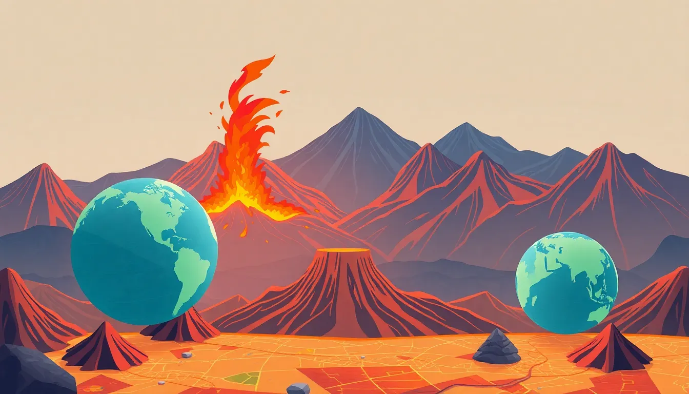 Volcanoes Earth s Fiery Mountains learning scene, Volcanoes Earth s Fiery Mountains world discovery, maps and globes inviting travel, stylized tween-friendly illustration for ages 11-13, aspirational and modern, text-free illustration with clean unmarked background, balanced composition, soft cinematic lighting, harmonious color palette, inviting and joyful mood