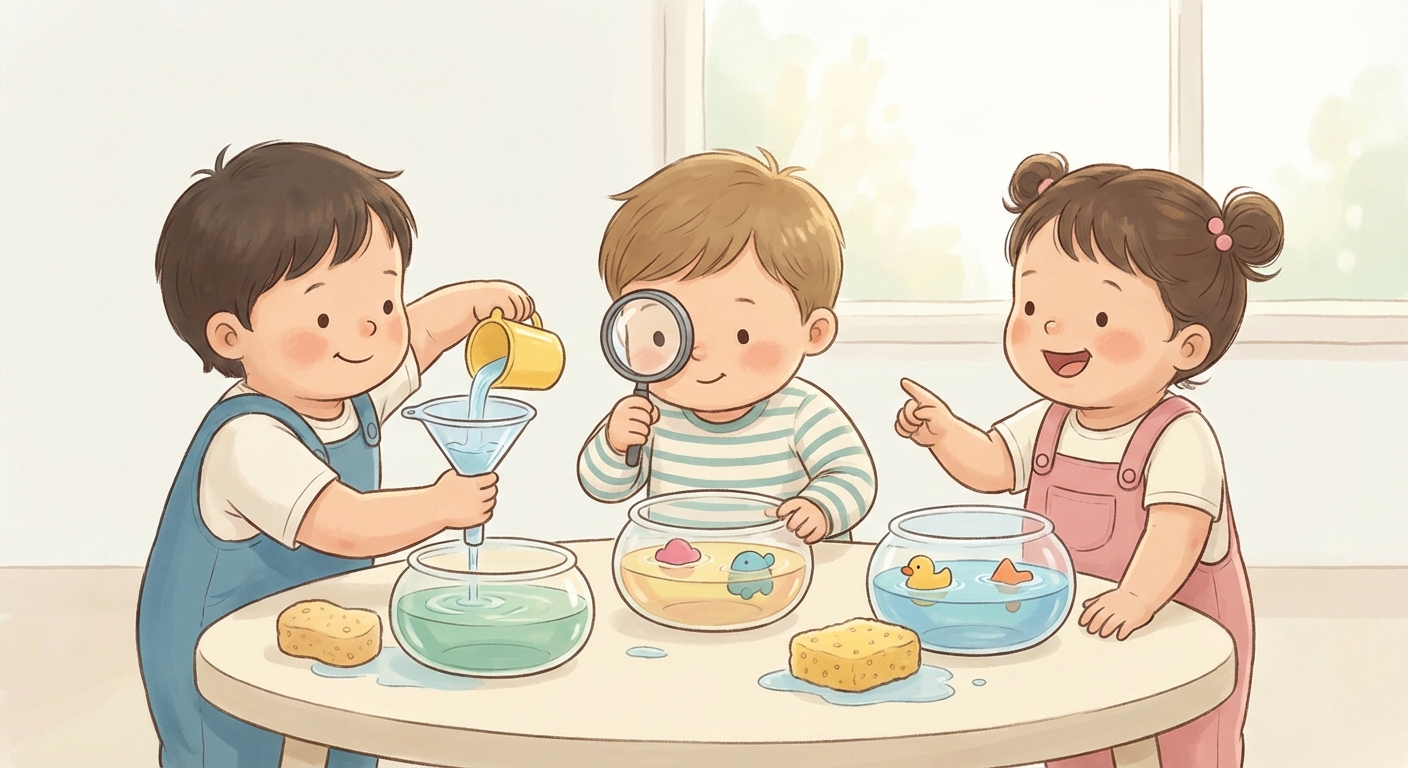 Water Fun learning scene, Water Fun experiment underway, curious kids collaborating, gentle pastel illustration designed for ages 3-4, rounded shapes, caring expressions, text-free illustration with clean unmarked background, balanced composition, soft cinematic lighting, harmonious color palette, inviting and joyful mood