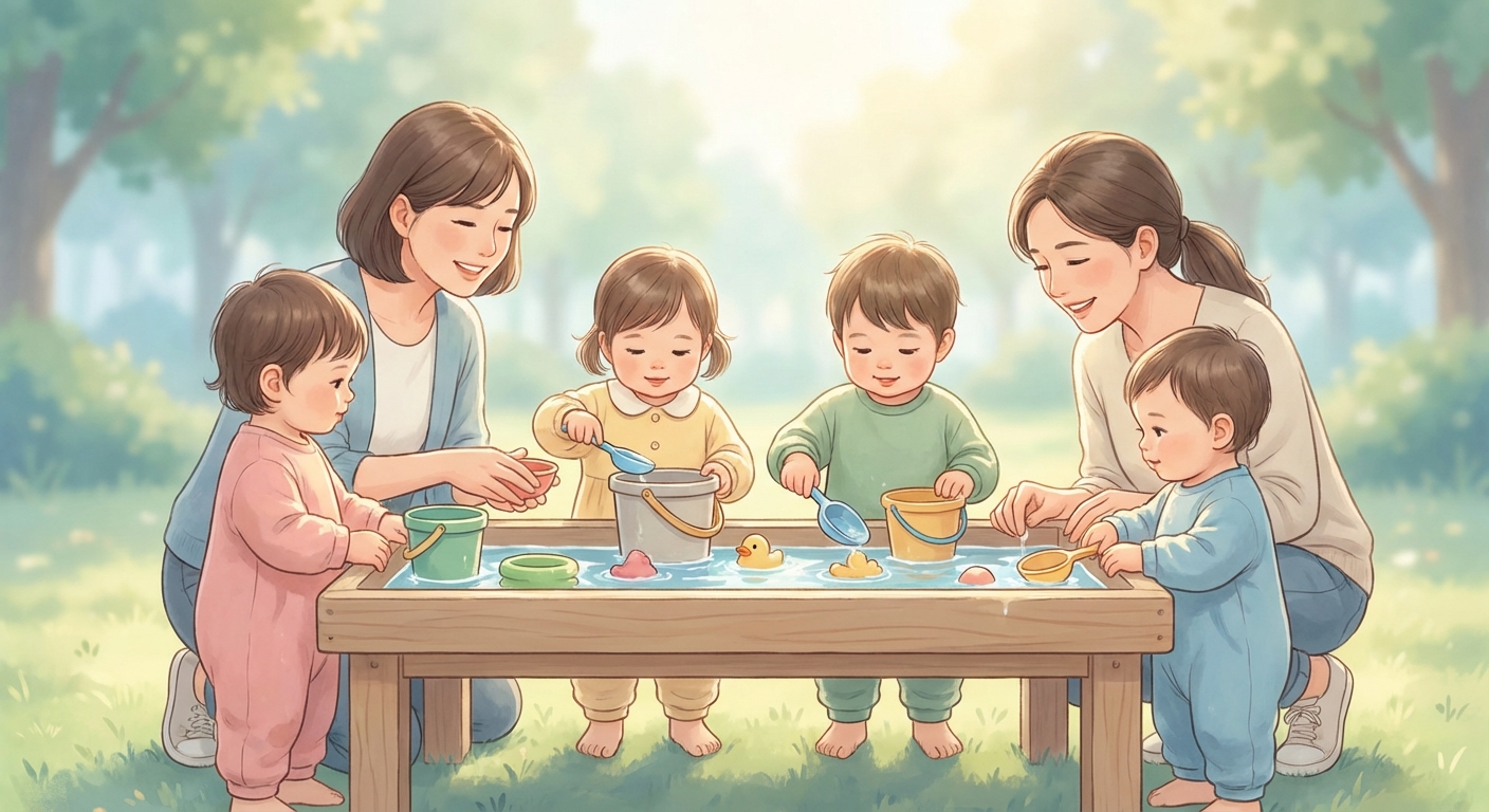 Water Play Outside learning scene, Water Play Outside learning scene filled with curiosity and joy, gentle pastel illustration designed for ages 3-4, rounded shapes, caring expressions, text-free illustration with clean unmarked background, balanced composition, soft cinematic lighting, harmonious color palette, inviting and joyful mood