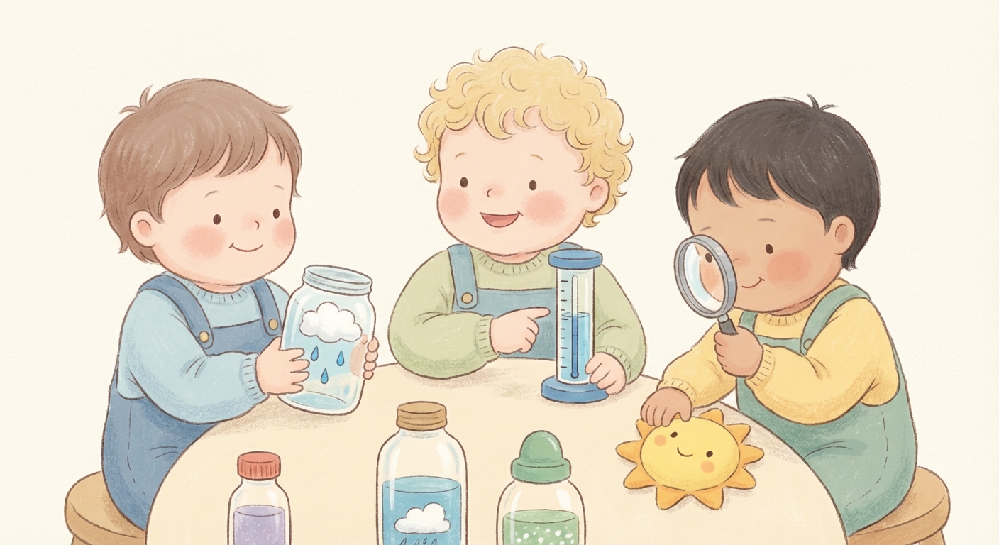 Weather Changes learning scene, Weather Changes experiment underway, curious kids collaborating, gentle pastel illustration designed for ages 3-4, rounded shapes, caring expressions, text-free illustration with clean unmarked background, balanced composition, soft cinematic lighting, harmonious color palette, inviting and joyful mood