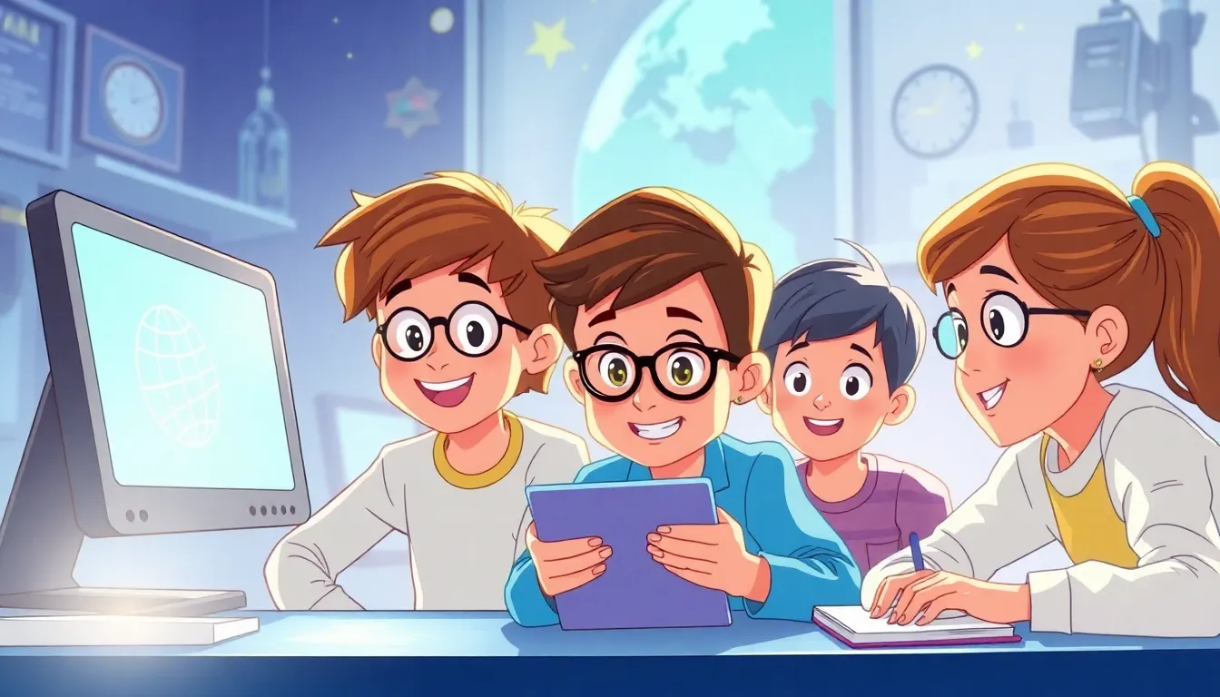 website Basics How the Internet s Pages Come to Life learning scene, website Basics How the Internet s Pages Come to Life tech exploration, bright screens and curiosity, dynamic adventure illustration for ages 8-10, engaging detail, upbeat energy, text-free illustration with clean unmarked background, balanced composition, soft cinematic lighting, harmonious color palette, inviting and joyful mood