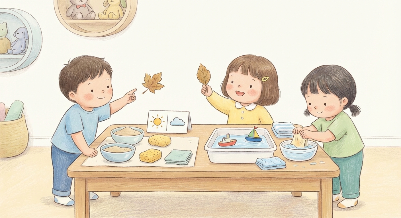 Wet and Dry learning scene, Wet and Dry experiment underway, curious kids collaborating, gentle pastel illustration designed for ages 3-4, rounded shapes, caring expressions, text-free illustration with clean unmarked background, balanced composition, soft cinematic lighting, harmonious color palette, inviting and joyful mood