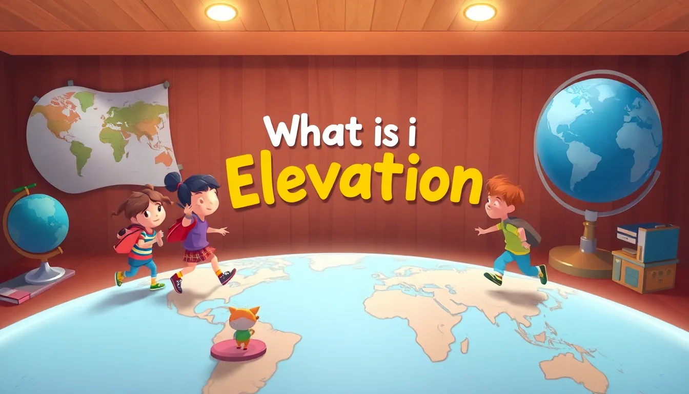 What Is Elevation learning scene, What Is Elevation world discovery, maps and globes inviting travel, vivid storybook illustration for ages 5-7, lively characters, playful motion, text-free illustration with clean unmarked background, balanced composition, soft cinematic lighting, harmonious color palette, inviting and joyful mood
