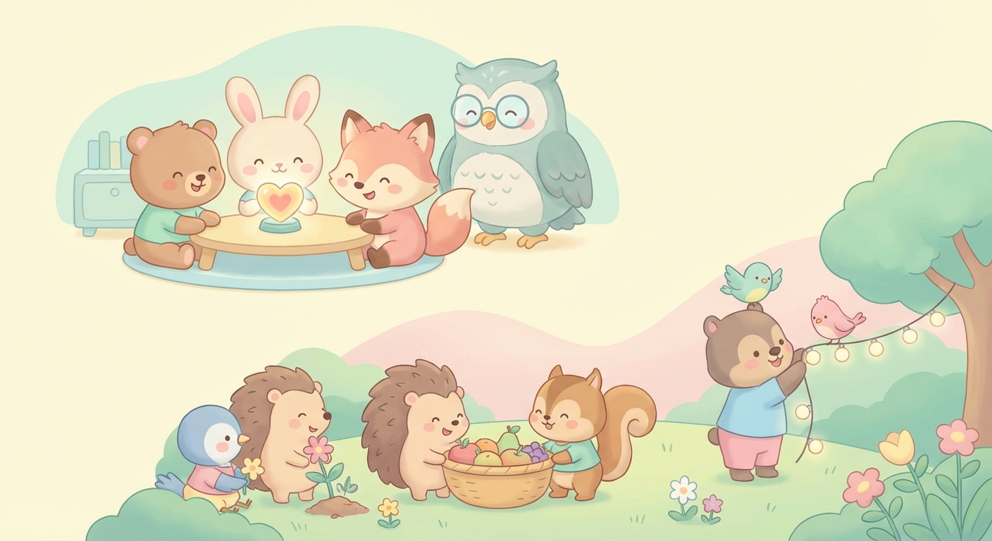 What Makes Something Special learning scene, What Makes Something Special community scene, neighbors helping each other, gentle pastel illustration designed for ages 3-4, rounded shapes, caring expressions, text-free illustration with clean unmarked background, balanced composition, soft cinematic lighting, harmonious color palette, inviting and joyful mood