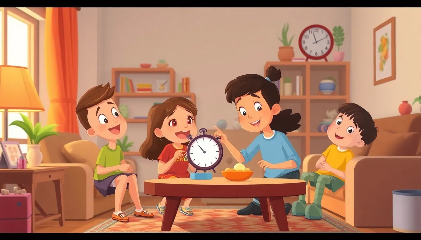 What Time Is It learning scene, What Time Is It life skill practiced in a warm home setting, vivid storybook illustration for ages 5-7, lively characters, playful motion, text-free illustration with clean unmarked background, balanced composition, soft cinematic lighting, harmonious color palette, inviting and joyful mood