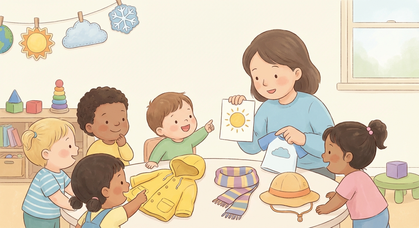 What to Wear When the Weather Changes learning scene, What to Wear When the Weather Changes learning scene filled with curiosity and joy, gentle pastel illustration designed for ages 3-4, rounded shapes, caring expressions, text-free illustration with clean unmarked background, balanced composition, soft cinematic lighting, harmonious color palette, inviting and joyful mood