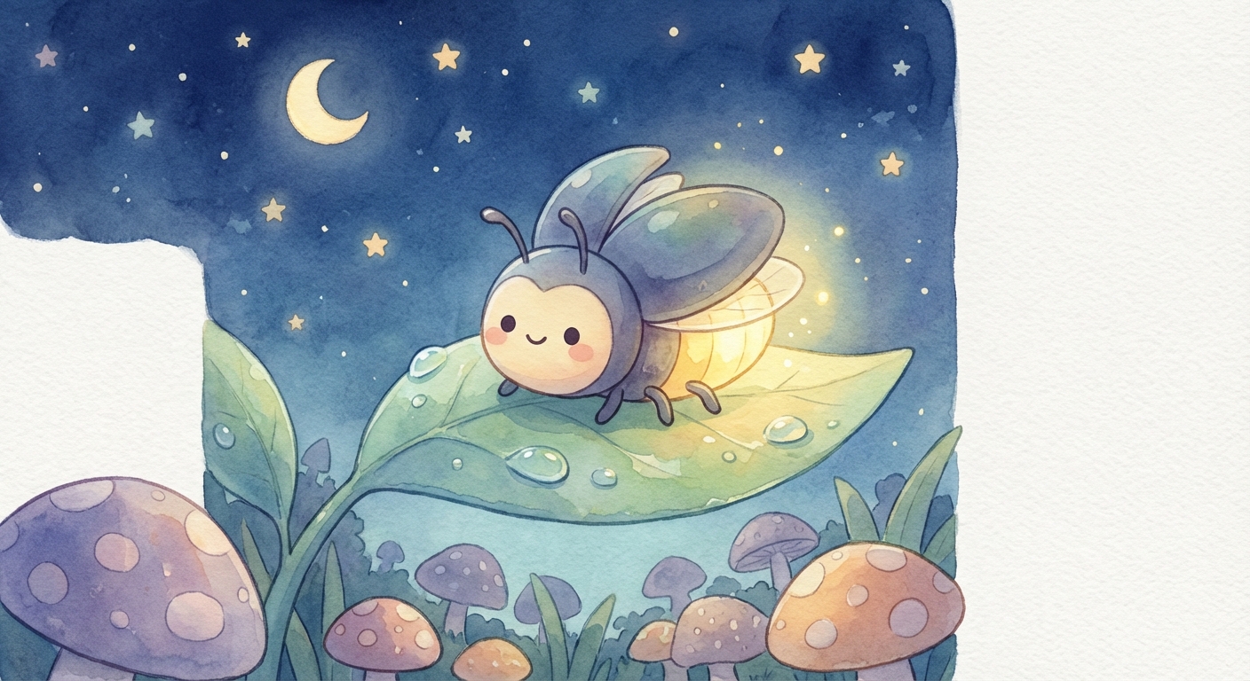 Shiny Beetles Light the Night learning scene, Shiny Beetles Light the Night learning scene filled with curiosity and joy, gentle pastel illustration designed for ages 3-4, rounded shapes, caring expressions, text-free illustration with clean unmarked background, balanced composition, soft cinematic lighting, harmonious color palette, inviting and joyful mood