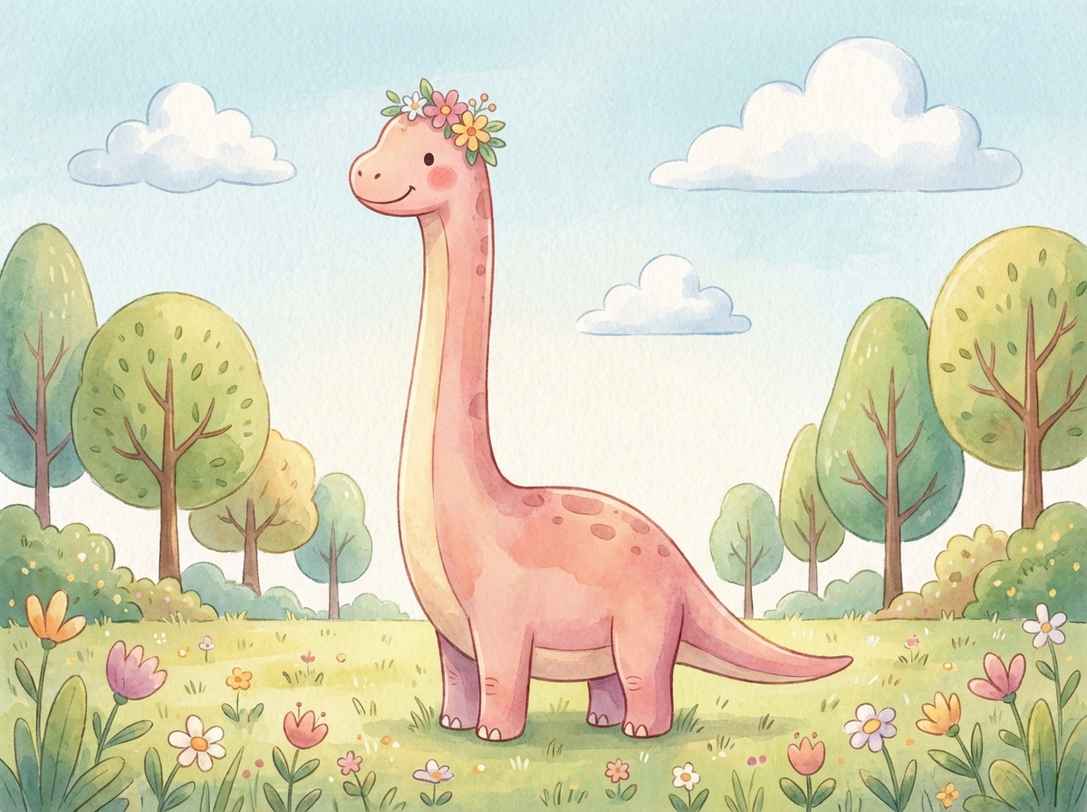 Tall Dino with Long Neck learning scene, Tall Dino with Long Neck learning scene filled with curiosity and joy, gentle pastel illustration designed for ages 3-4, rounded shapes, caring expressions, text-free illustration with clean unmarked background, balanced composition, soft cinematic lighting, harmonious color palette, inviting and joyful mood