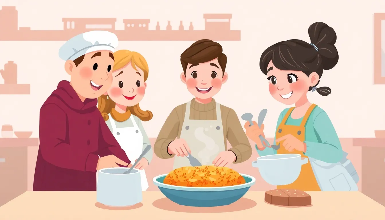 Who Are Cooks learning scene, Who Are Cooks community scene, neighbors helping each other, gentle pastel illustration designed for ages 3-4, rounded shapes, caring expressions, text-free illustration with clean unmarked background, balanced composition, soft cinematic lighting, harmonious color palette, inviting and joyful mood