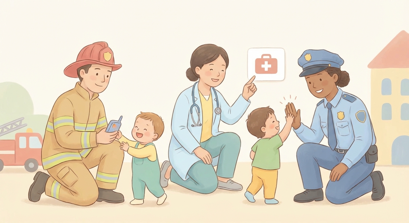 Who Are the Emergency Helpers learning scene, Who Are the Emergency Helpers safety tip demonstrated kindly and clearly, gentle pastel illustration designed for ages 3-4, rounded shapes, caring expressions, text-free illustration with clean unmarked background, balanced composition, soft cinematic lighting, harmonious color palette, inviting and joyful mood