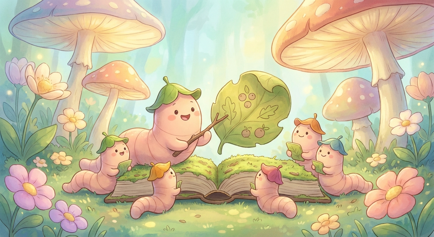 Worms learning scene, Worms scene in vibrant nature, lush and lively surroundings, gentle pastel illustration designed for ages 3-4, rounded shapes, caring expressions, text-free illustration with clean unmarked background, balanced composition, soft cinematic lighting, harmonious color palette, inviting and joyful mood