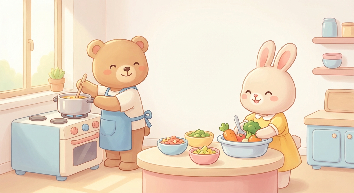 Yummy Dinner Foods learning scene, Yummy Dinner Foods kitchen scene, delicious ingredients being prepared, gentle pastel illustration designed for ages 3-4, rounded shapes, caring expressions, text-free illustration with clean unmarked background, balanced composition, soft cinematic lighting, harmonious color palette, inviting and joyful mood
