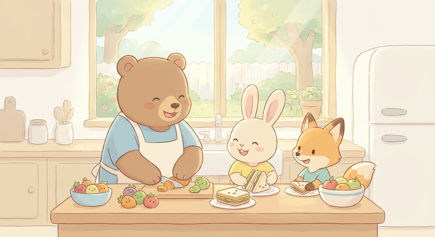 Yummy Lunch Foods learning scene, Yummy Lunch Foods kitchen scene, delicious ingredients being prepared, gentle pastel illustration designed for ages 3-4, rounded shapes, caring expressions, text-free illustration with clean unmarked background, balanced composition, soft cinematic lighting, harmonious color palette, inviting and joyful mood